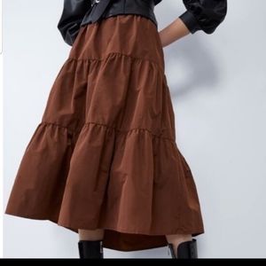 Zara Brown Taffeta Midi Skirt